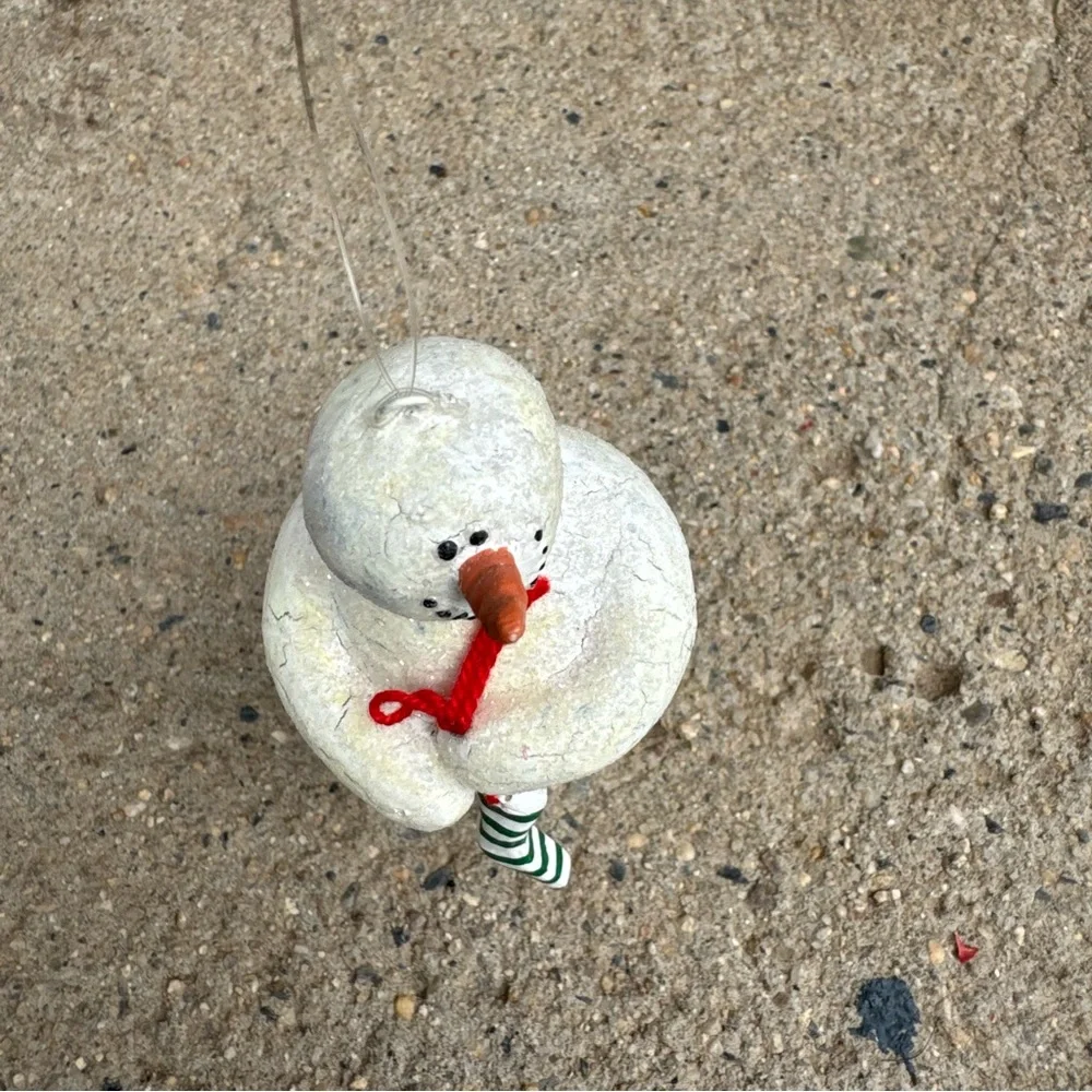 VTG Department 56 Crackled Snowman Ornament‎ with Red Scarf and Green Stocking